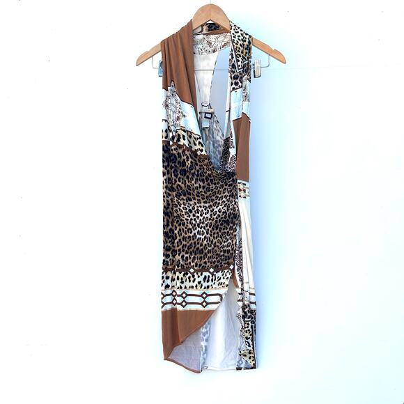 Vintage Roberto Cavalli Y2K Leopard Patchwork Halter Mini Dress 42 Size 8 - Picture 2 of 10